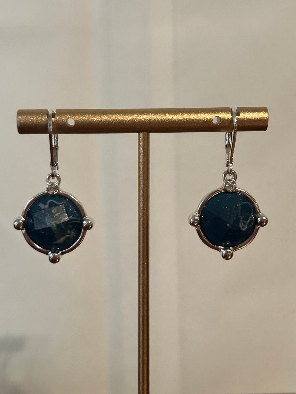 Vintage Napier Teal Blue Green Cabochon Drop Earrings Silver Tone 1.5" Signed